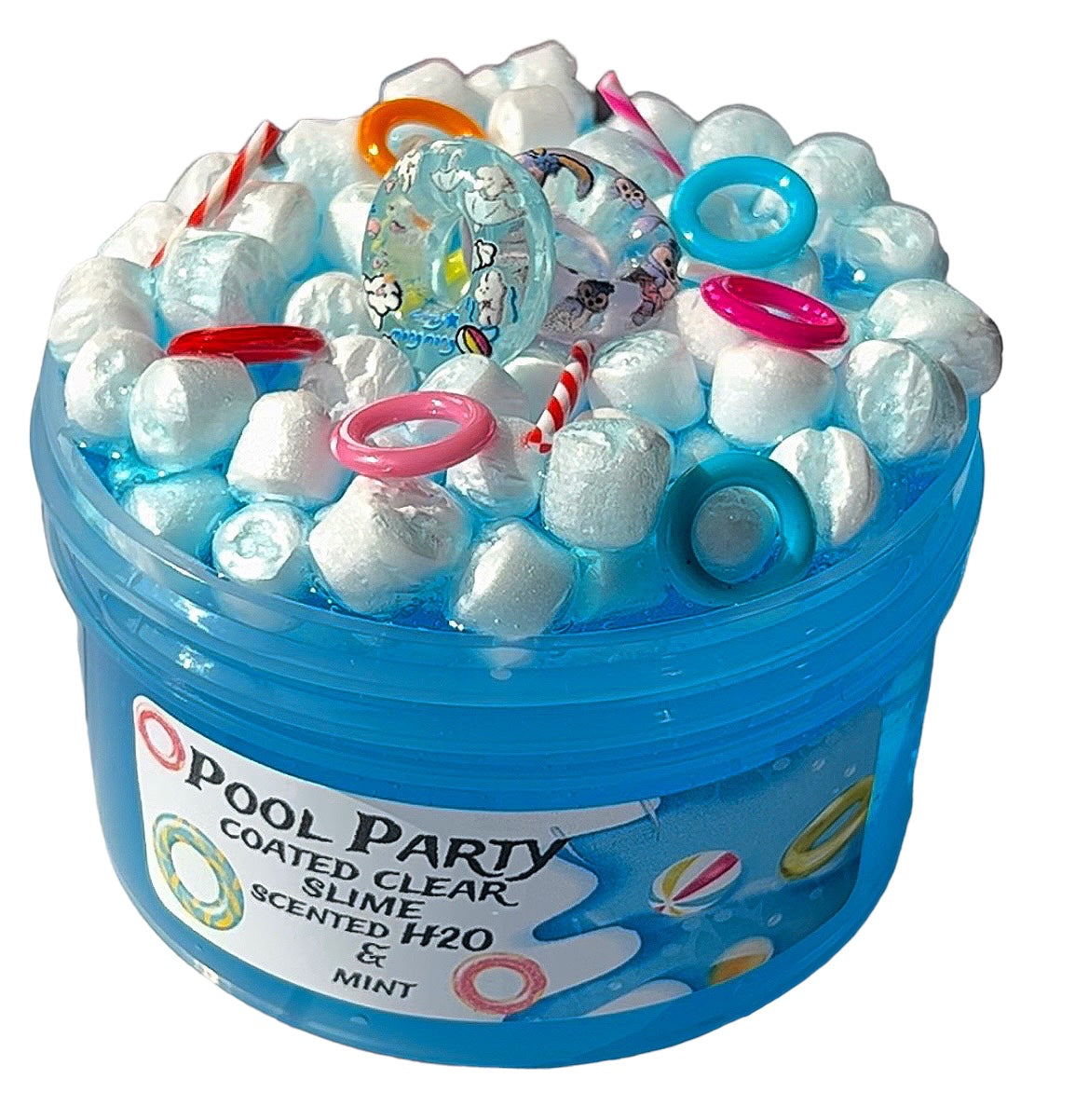 Pool Rx Blue Slime Pool Party coated clear 6 oz. With marshmallow beads – Slime Community